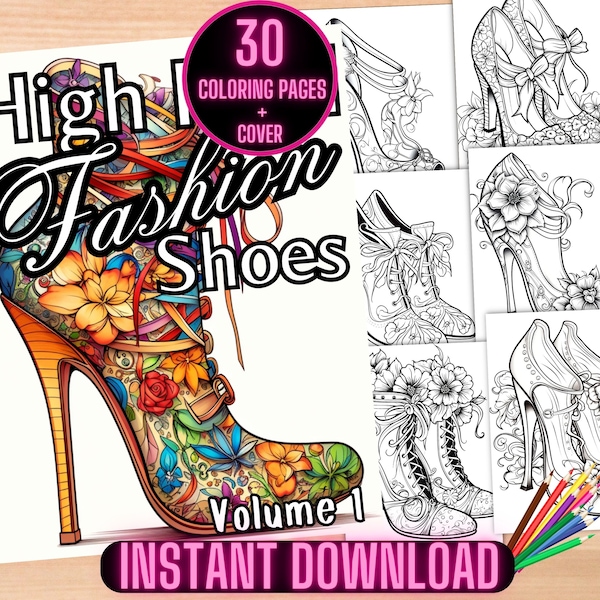 High Heel Fashion Shoes Coloring Book, Vintage Fashion Shoes Coloring Pages, Beautiful Shoes Coloring Book, Printable Shoes Coloring Sheets