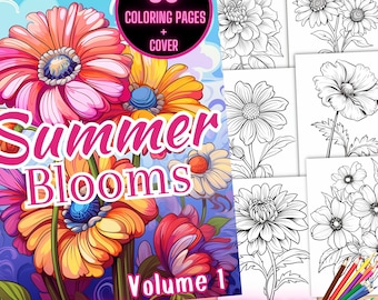 Summer Blooms Coloring Book, Printable Floral Coloring Pages, Botanical Coloring Book, Easy Flower Coloring Sheets, Adult Coloring Book