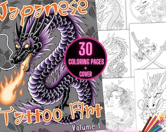 Japanese Tattoo Art Coloring Book, Japanese Tattoo Coloring Book, Dragon Art Tattoo Coloring Pages, Asian Tattoo Body Art Coloring Sheets