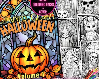 Stained Glass Halloween Coloring Book, Creepy Halloween Coloring Pages, Printable Gothic Halloween Coloring Book, Spooky Coloring Book