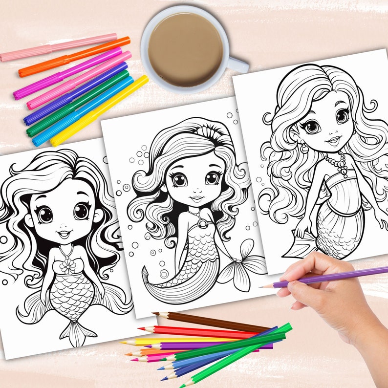 Cute Mermaids Coloring Pages, Ocean Fantasy Coloring Book, Mermaid ...