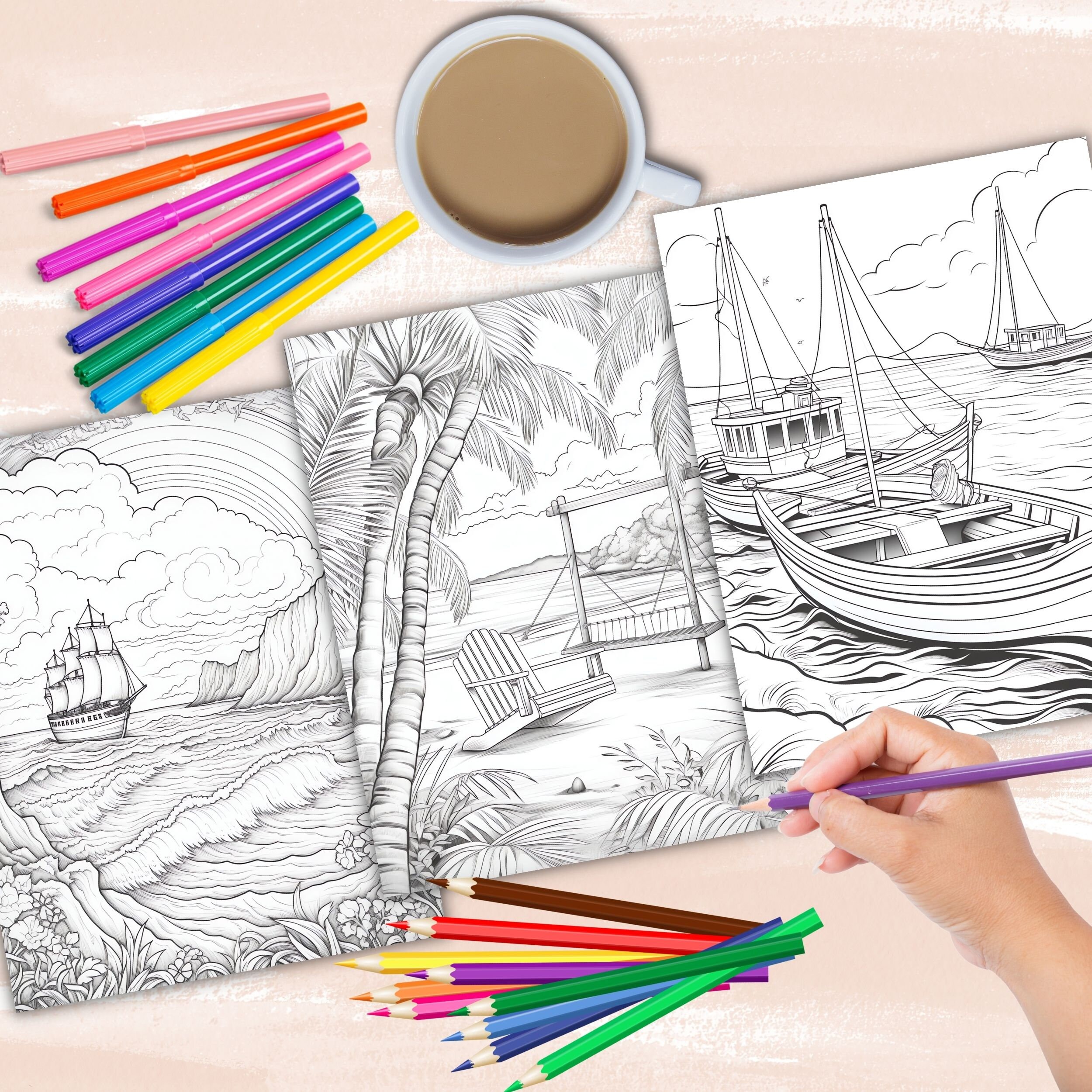Calming Landscapes Coloring Book, Relaxing Ocean Views Beach Coloring ...