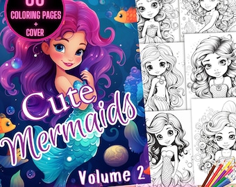 Cute Mermaids Coloring Pages, Ocean Fantasy Coloring Book, Mermaid Coloring Book, Childrens Mermaid Coloring Sheets, Kids Mermaid Coloring