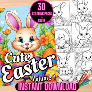 Cute Easter Coloring Pages, Easter Bunny Coloring Book, Cute Easter Animals Adult Coloring Pages, Printable Easter Coloring Sheets for Kids