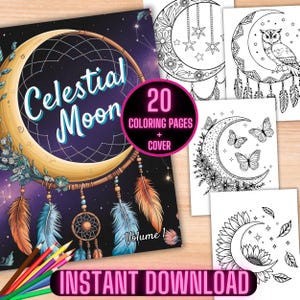 Celestial Moon Coloring Book, Boho Moon Coloring Sheets, Cosmic Spirit Animals Crescent Moon Coloring Pages, Boho Celestial Coloring Book