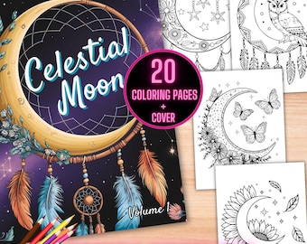 Celestial Moon Coloring Book, Boho Moon Coloring Sheets, Cosmic Spirit Animals Crescent Moon Coloring Pages, Boho Celestial Coloring Book