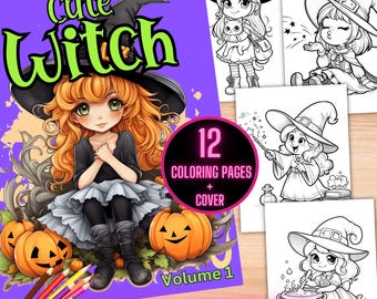 Cute Witch Coloring Book, Halloween Coloring Pages for Kids, Printable Halloween Witch Coloring Book, Witch Halloween Themed Coloring Sheets