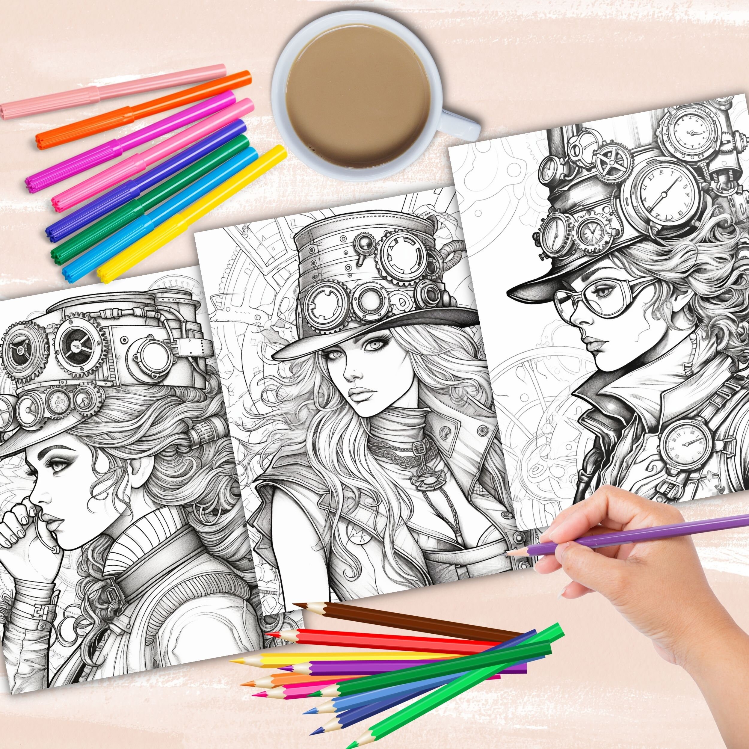 Steampunk Gothic Coloring Book, Steampunk Fashion Coloring Pages ...