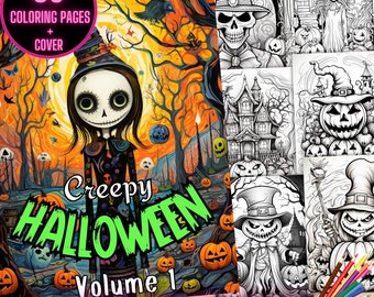 Creepy Halloween Coloring Pages, Grayscale Halloween Coloring Pages, Spooky Coloring Book, Halloween Coloring Pages, Horror Coloring Book