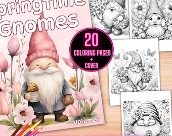 Spring Gnomes Coloring Book, Cute Gnomes Coloring Pages, Printable Spring Garden Gnome Coloring Sheet, Floral Gnomes Grayscale Coloring Book