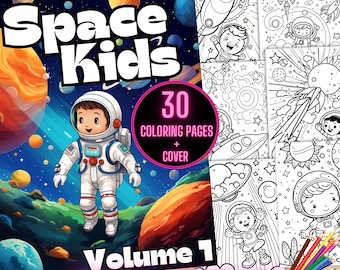 May include: A colorful illustration of a space-themed coloring book with a cover featuring an astronaut and planets. The title of the book is "Space Kids Volume 1" and it includes 30 coloring pages plus a cover.