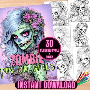 Zombie Pin Up Girls Coloring Book, Zombie Girls Coloring Pages, Halloween Horror Coloring Sheets, Grayscale Zombie Girl Adult Coloring Pages