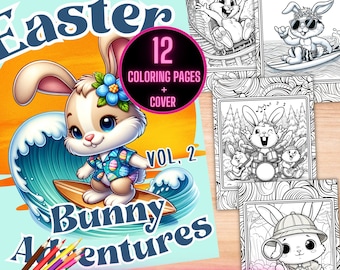 May include: A digital download of 12 colouring pages featuring a cute bunny rabbit surfing on a wave. The cover page features the text "Easter Bunny Adventures Vol. 2" and "Instant Download".