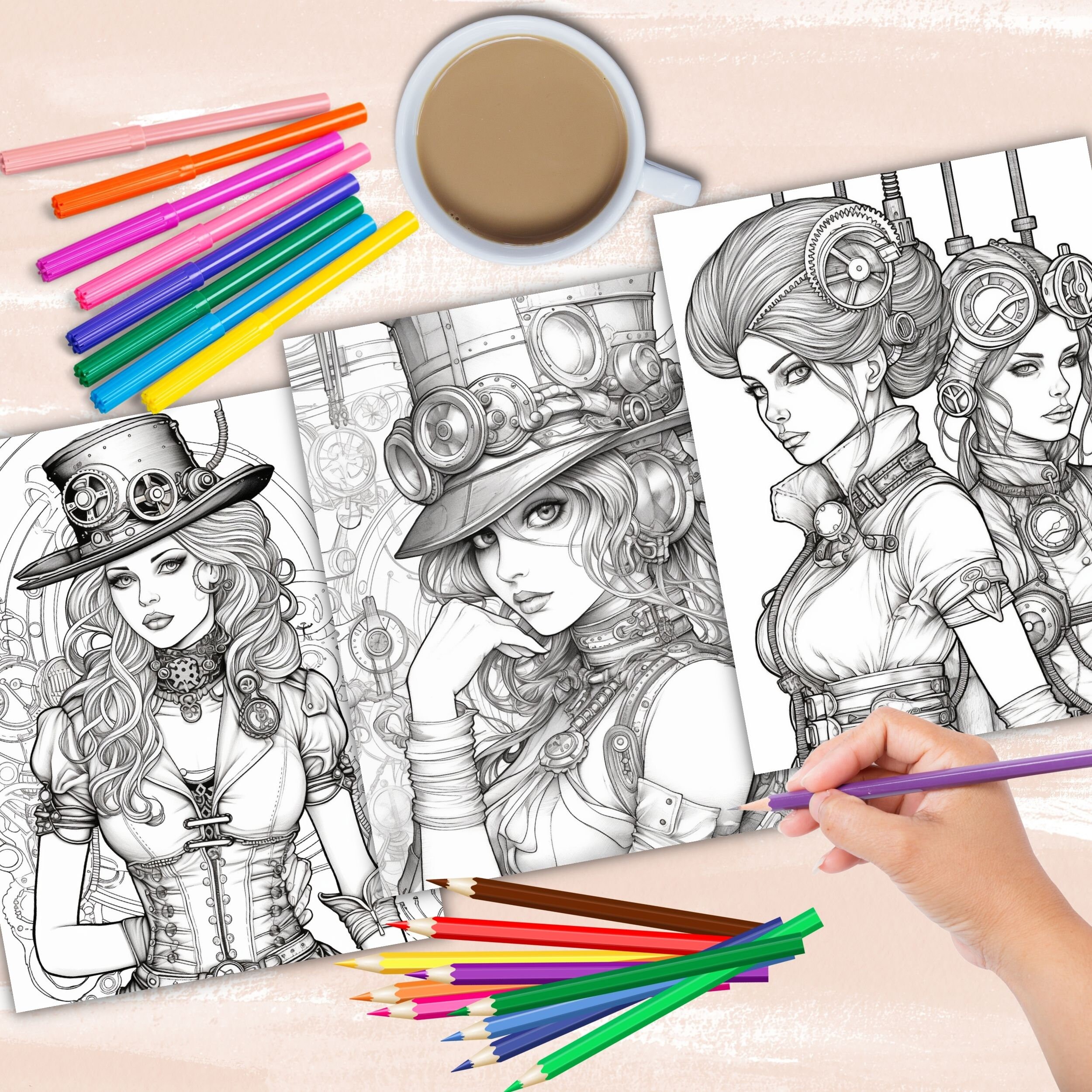 Steampunk Gothic Coloring Book, Steampunk Fashion Coloring Pages ...