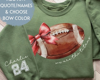 Custom Football Bow Mom Sweatshirt with Names, Mascot Bow Shirt, Coquette Bows School Spirit Tshirt, Cheer Mascot Tee, Football Team Jersey