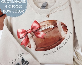 Custom Football Bow Mom Sweatshirt with Names, Mascot Bow Shirt, Coquette Bows School Spirit Tshirt, Cheer Mascot Tee, Football Team Jersey