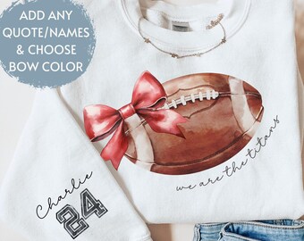 Custom Football Bow Mom Sweatshirt with Names, Mascot Bow Shirt, Coquette Bows School Spirit Tshirt, Cheer Mascot Tee, Football Team Jersey