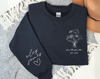 Personalized Mama Sweatshirt with Kid Names on Sleeve, Mothers Day Gift, Birthday Gift for Mom, New Mom Gift, Minimalist Cool Mom Sweater