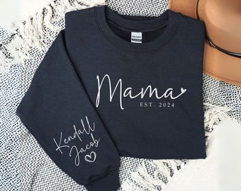 Personalized Mama Sweatshirt with Kid Names on Sleeve, Mothers Day Gift, Birthday Gift for Mom, New Mom Gift, Minimalist Cool Mom Sweater