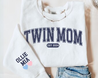 Personalized Twin Mom Mama Sweatshirt with Kid Names on Sleeve, Custom Mothers Day Gift, Birthday Gift for Mom, New Mom Gift, Twin Mom Shirt