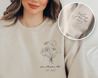 Personalized Mama Sweatshirt with Kid Names on Sleeve, Mothers Day Gift, Birthday Gift for Mom, New Mom Gift, Minimalist Cool Mom Sweater
