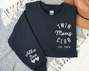 Custom Twin Mom and Twin Dad Sweatshirt Hoodie Shirt with Kid Names on Sleeve, twin parents gift, cool mom dad sweatshirt, twin dad shirt