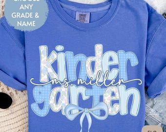 Custom Kindergarten Comfort Colors® Shirt with Name, Kindergarten Teacher Shirt Tee, PreK Teacher Shirt, Bow Coquette Grandmillennial Tshirt