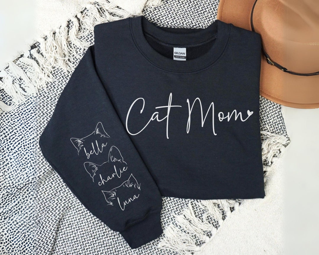 Personalized Cat Mom With Cat Ears Names on Sleeve Sweatshirt, Custom