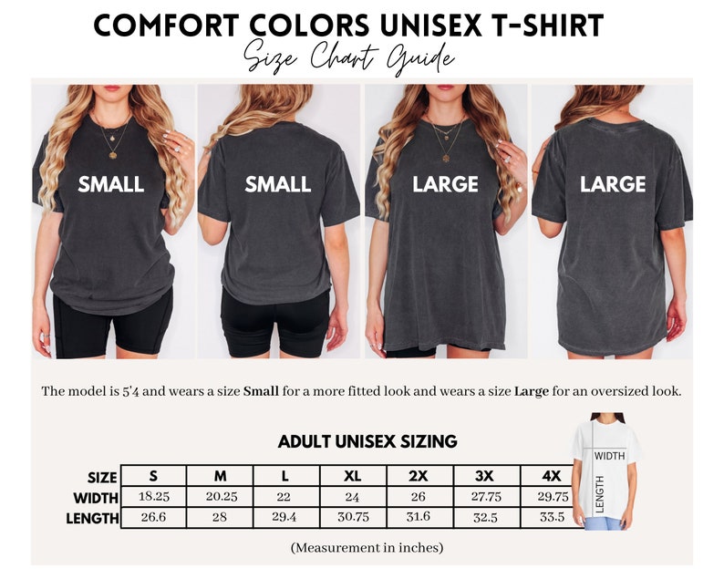May include: Unisex t-shirt size chart with measurements in inches. The chart shows the width and length of the shirt in sizes small, medium, large, extra large, 2X, 3X, and 4X.