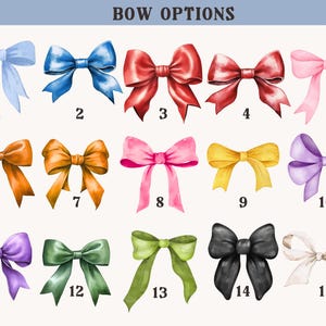 May include: Fifteen different bow options are shown in a row. The bows are in various colours, including blue, red, orange, pink, yellow, purple, green, black, and white.