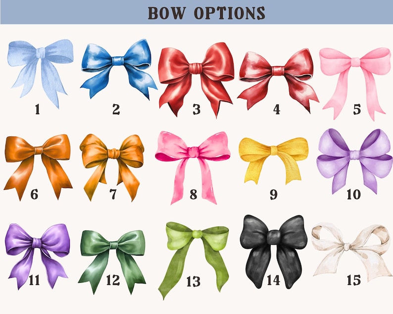 May include: Fifteen different bow options are shown in a row. The bows are in various colours, including blue, red, orange, pink, yellow, purple, green, black, and white.