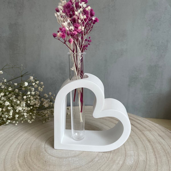 Herzvase mit Reagenzglas Wohndekoration Blumendekoration weiß Geschenk Frühling Mitbringsel Trockenblumen raysin Muttertagsgeschenk