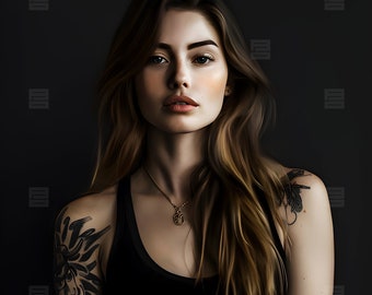 Amelia - AI Cover Model, Young Female Model, Romance, Pretty, Long Brown Hair, Blue Eyes, Tattoos, Book Cover Model, Premade Book Cover