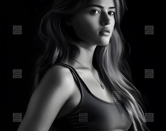 Lyra - AI Cover Model, Beautiful Young Female Model, Romance, Long Brown Hair, Lips, Black & White, Book Cover Model, Stock Art, Stock Image