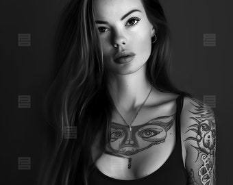 Molly - AI Cover Model, Young Female Model, Romance, Long Brown Hair, Lips, Black and White, Tattoos, Book Cover Model, Premade Book Cover