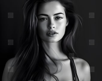 Scarlett - AI Cover Model, Beautiful Young Female Model, Romance, Long Brown Hair, Black & White, Book Cover Model, Stock Art, Stock Image