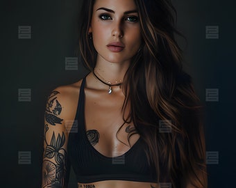 Nora - AI Cover Model, Female Model, Romance, Beautiful, Long Brunette Hair, Fit, Tattoos, Piercings, Book Cover Model, Premade Book Cover