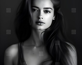 Kiara - AI Cover Model, Beautiful Young Female Model, Romance, Long Black Hair, Black & White, Book Cover Model, Stock Art, Stock Image