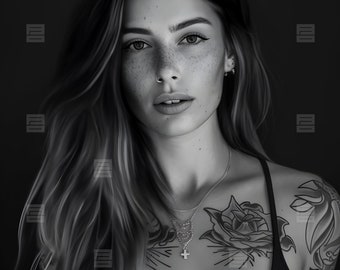 Daphne - AI Cover Model, Young Female Model, Romance, Long Brown Hair, Freckles, Black & White, Book Cover Model, Stock Art, Stock Image