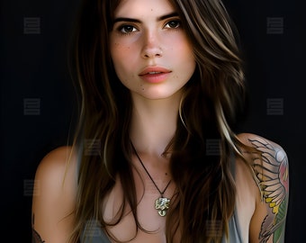 Josephine - AI Cover Model, jong vrouwelijk model, romantiek, mooi, lang bruin haar, pasvorm, tatoeages, boekomslagmodel, premade boekomslag