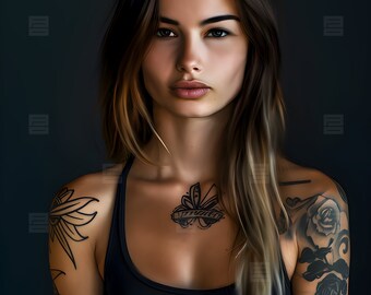 Maya - AI Cover Model, Female Model, Romance, Beautiful, Long Brunette Hair, Fit, Tattoos, Young,  Book Cover Model, Premade Book Cover