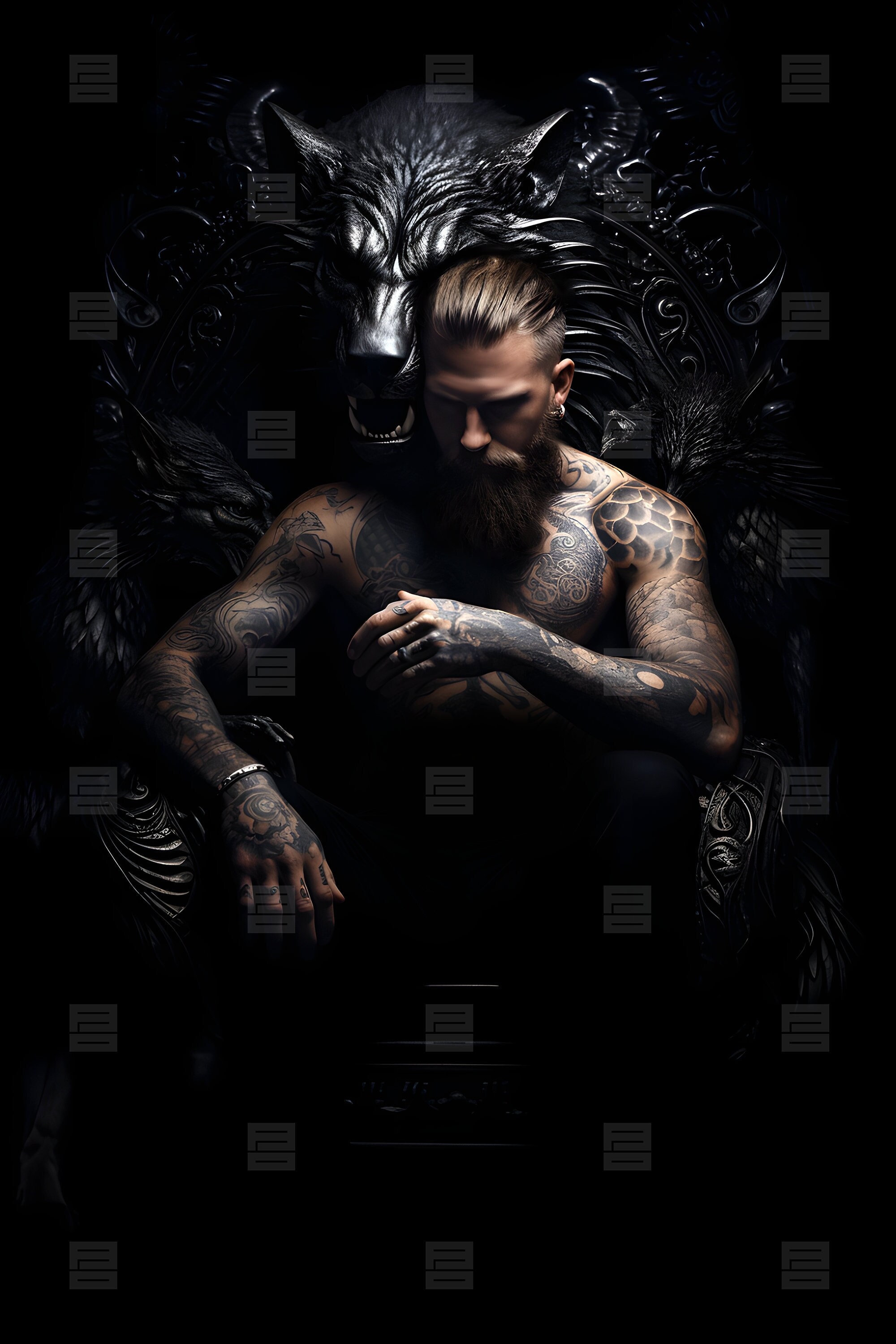 James Male Model, AI Cover Model, Werewolf, Tattoos, Throne, Wolf ...