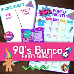 Bunco - Paquete de bunco de los 90: tarjeta de puntuación, tarjeta de recuento, tarjetas de mesa, etiquetas de nombre y más. Fácil personalización de Canva, descarga instantánea
