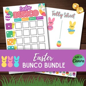 May include: A bundle of Easter-themed printable game sheets. The "Easter Bunco" game sheet features colourful Easter eggs, chicks, and dice. The "Tally Sheet" has bunny and egg graphics. The bundle includes the text "Easter Bunco Bundle" and "edit in Canva".