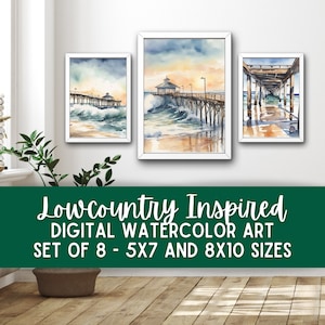 Lowcountry Coastal Beach Pier Watercolor Digital Prints 8x10 5x7 waves storm instant download PDF JPG