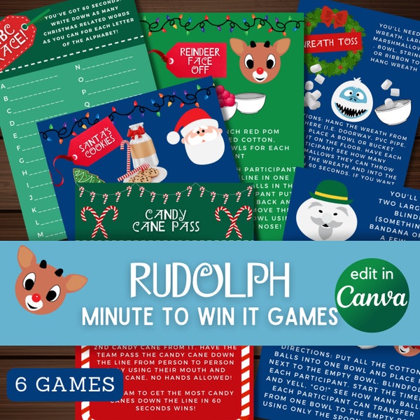 Birthday party games - rudolph the red nosed reindeer themed 6 total minute to win it games instant download canva link PDF PNG file