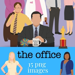Puede incluir: Ilustración con personajes de la serie de televisión "The Office". La imagen incluye varios personajes con su vestimenta de trabajo, una taza de "World's Best Boss" y un trofeo. También está presente el texto "the office" y "15 png images".