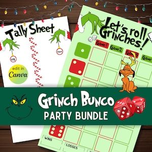 Bunco - Grinch Bunco Bundle fichas de pontuação link canva download instantâneo
