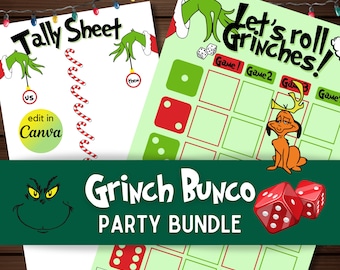 Bunco - Grinch Bunco Bundle tally card scoresheets canva link instant download