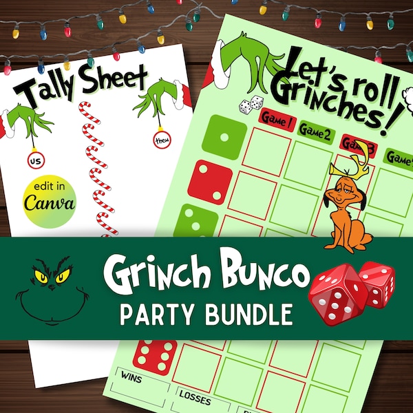 Bunco - Grinch Bunco Bundle tally card scoresheets canva link instant download